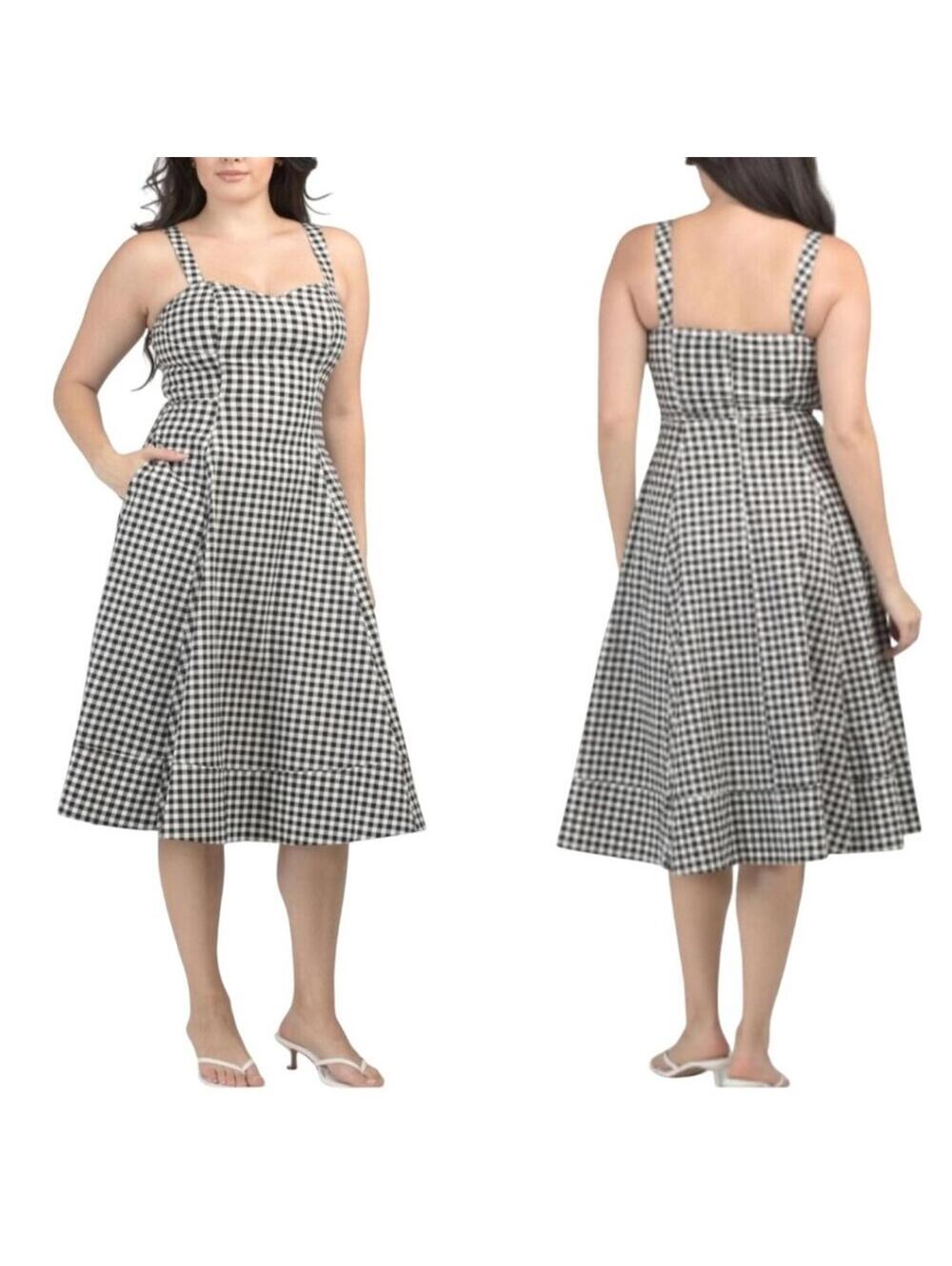 Avec Les Filles Black White Gingham Fit And Flare Midi Dress Pockets Size 14
